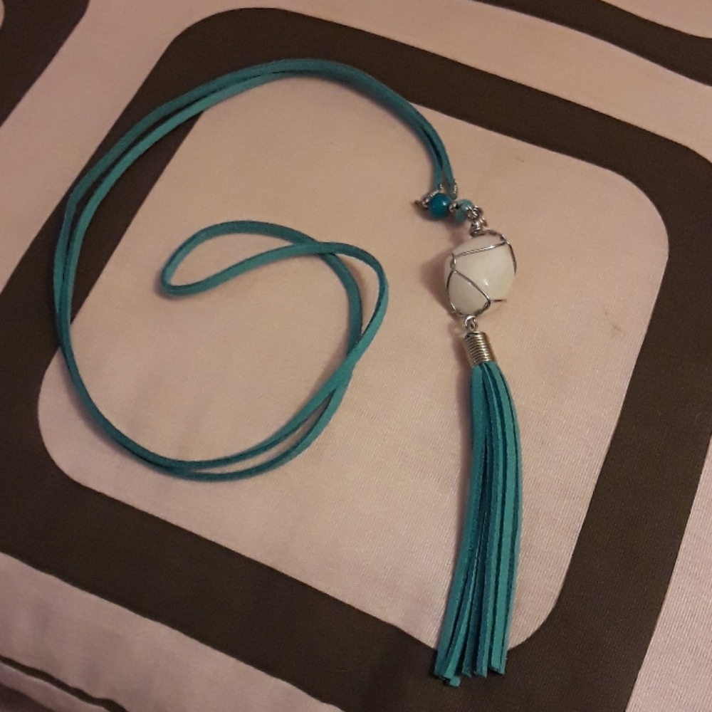 Tasseled Turquoise Necklace with White & Beads